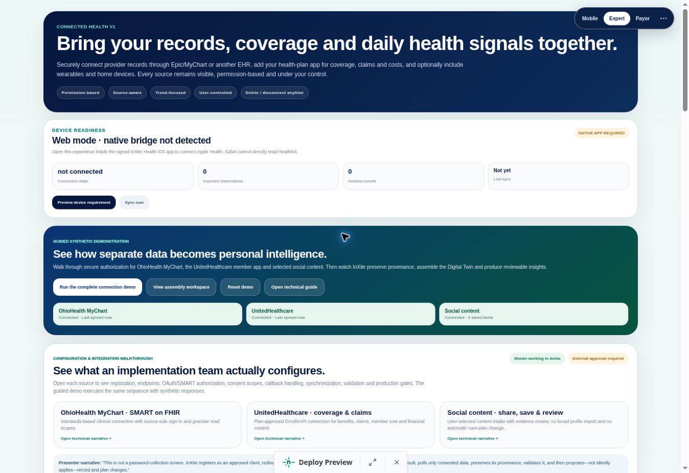 InXite Health Connect Data Sources screen
